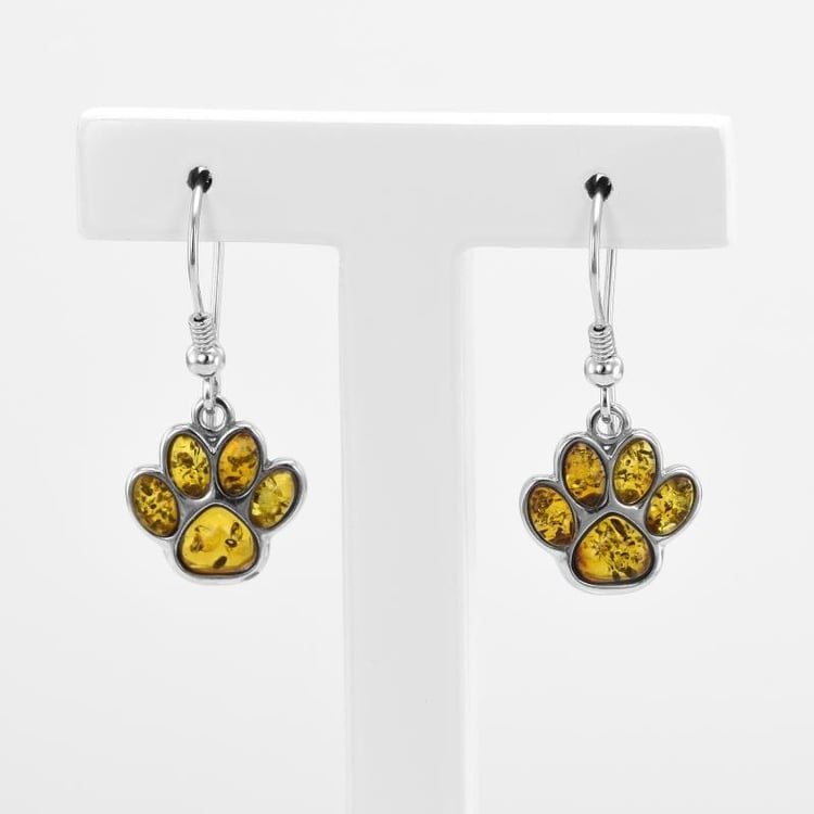 Visací stříbrné náušnice s jantarovými tlapkami Barry 52056