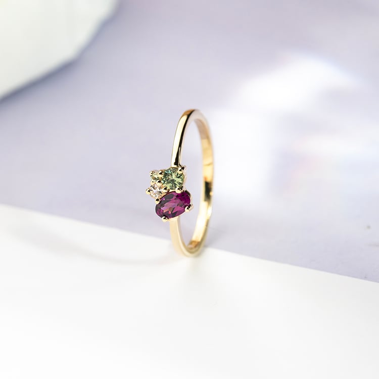 Cluster prsten s rhodolit granátem, safírem, morganitem a olivínem Bluma 151761