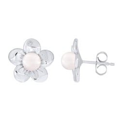 Jemné náušnice ve tvaru květiny s bílou perlou a přírodním diamantem Abhishek