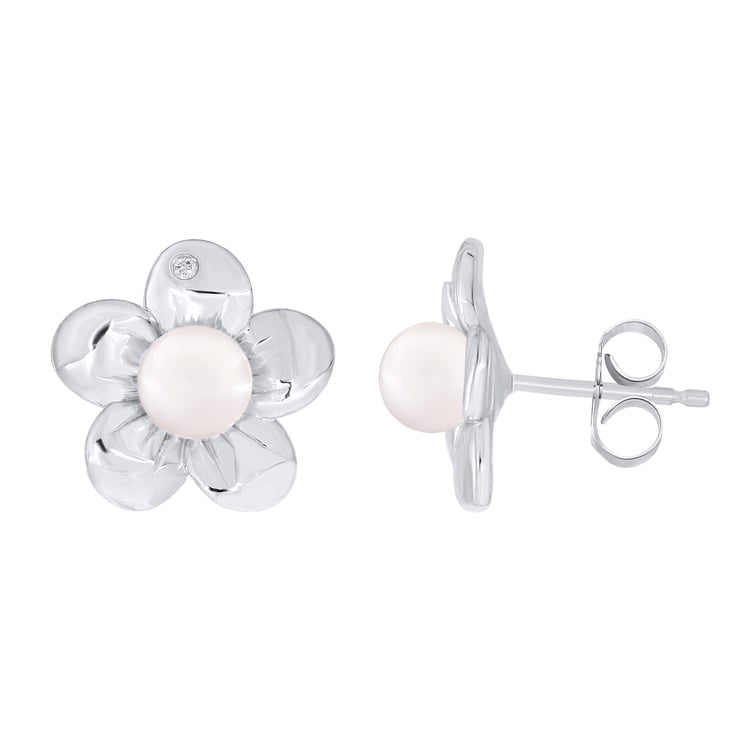 Jemné náušnice ve tvaru květiny s bílou perlou a přírodním diamantem Abhishek