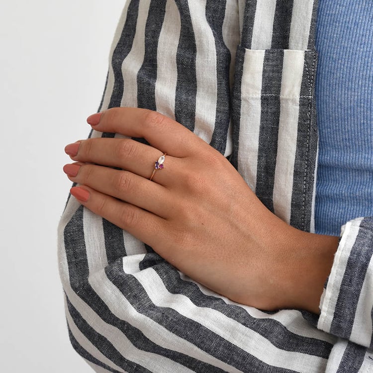 Prsten s měsíčním kamenem, rubínem a ametysty z růžového zlata 84351