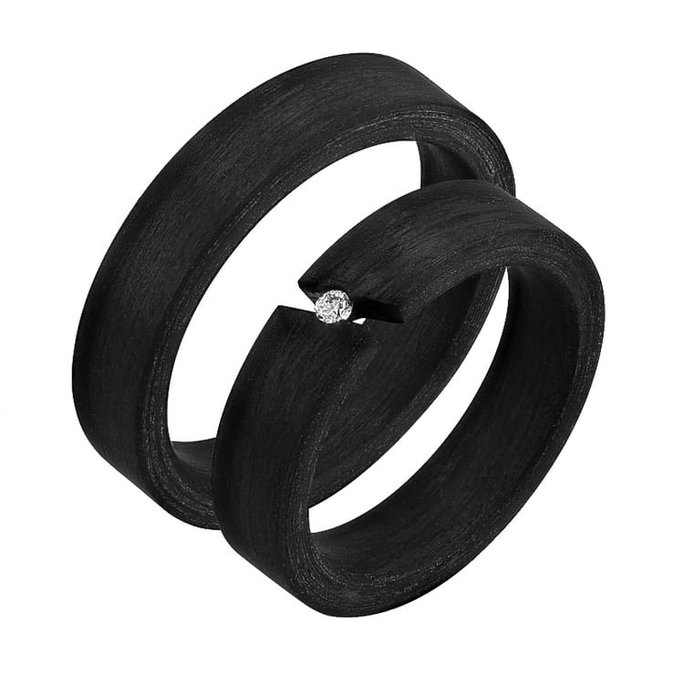 Ploché karbonové snubní prsteny s diamantem Sammu