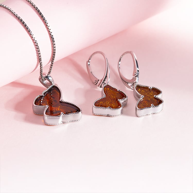 Stříbrné jantarové náušnice ve tvaru motýlků Blicas 150751