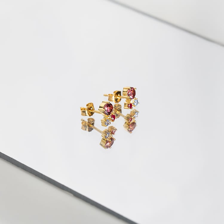 Stříbrné cluster náušnice s turmalínem, tanzanitem, rubínem a diamantem Kerrie 151076