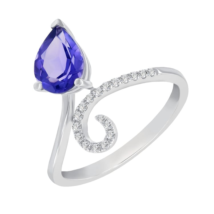 Prsten z bílého zlata s tanzanitovou slzou a diamanty Rhea