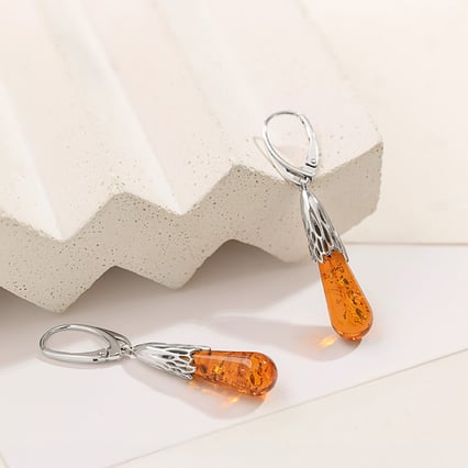 Stříbrné jantarové náušnice ve tvaru slziček Rose