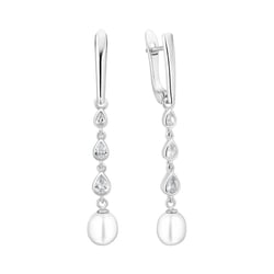 Stříbrné jednoduché visací náušnice s perlou a zirkony Amanda