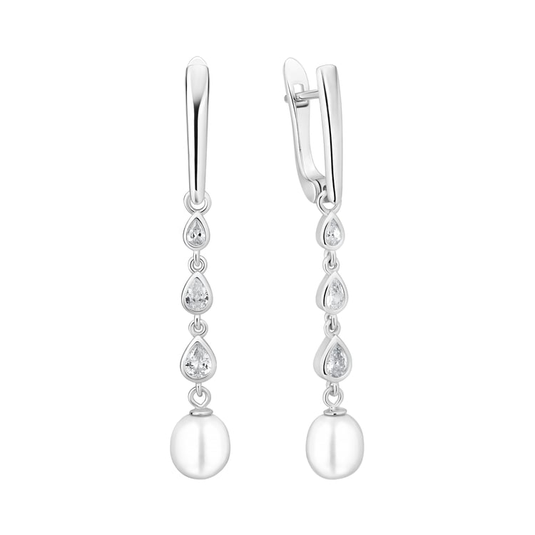 Stříbrné jednoduché visací náušnice s perlou a zirkony Amanda
