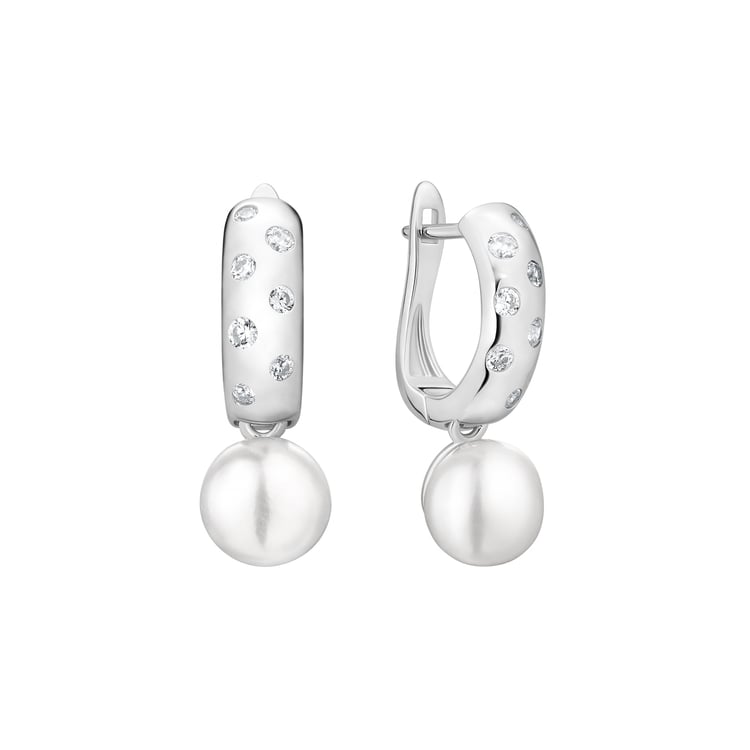 Stříbrné minimalistické visací náušnice s perlou a zirkony Azad