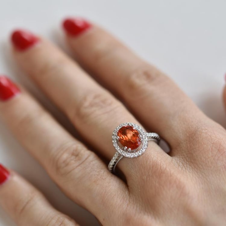 Stříbrný prsten s padparadscha safírem a zirkony Lar 20041