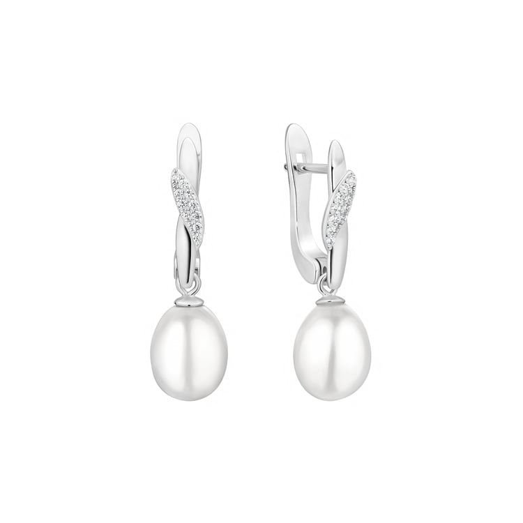 Stříbrné visací náušnice s perlou a zirkony Tahir
