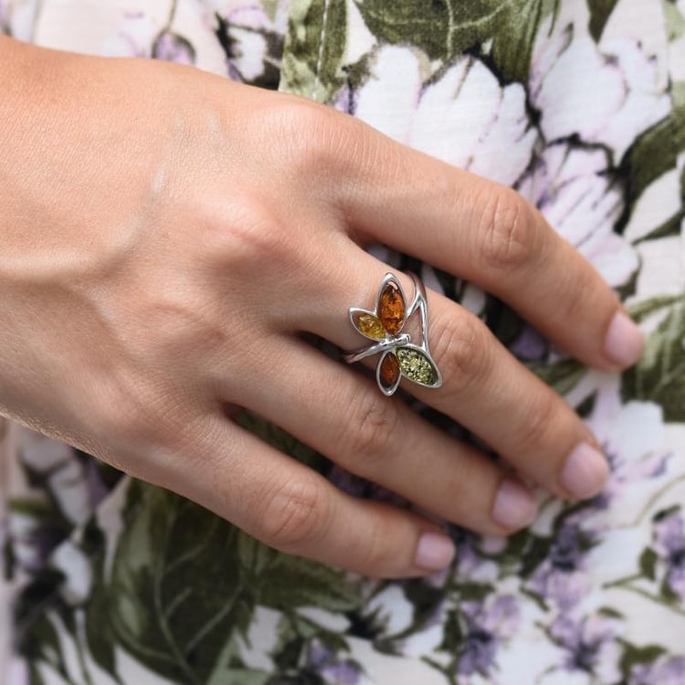 Stříbrný prsten ve tvaru motýla s jantary 47432