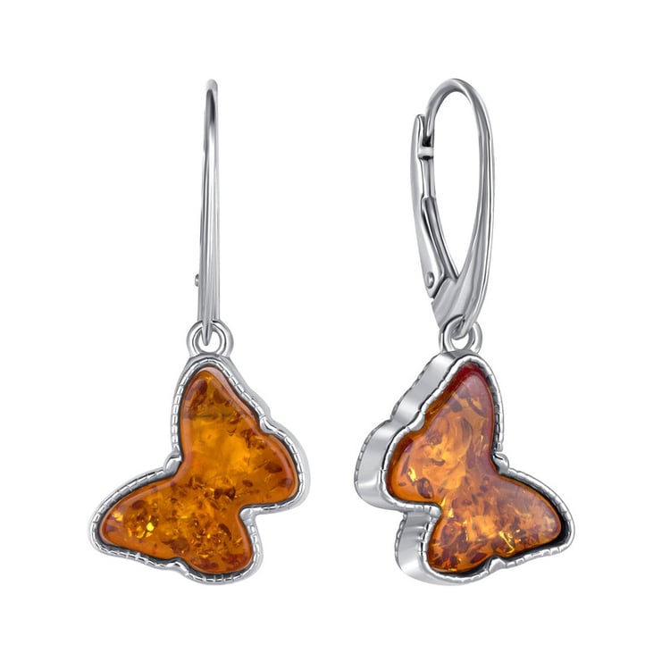 Stříbrné jantarové náušnice ve tvaru motýlků Blicas