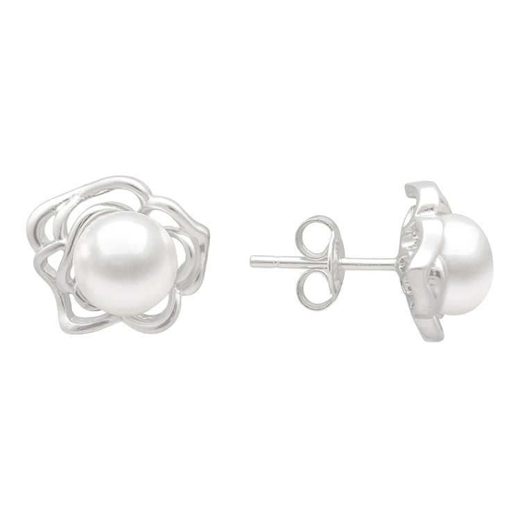 Stříbrné perlové náušnice ve tvaru růže