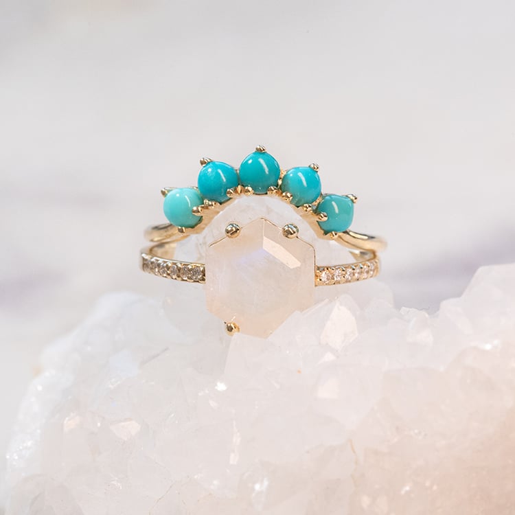 Set prstenů ze zlata s měsíčním kamenem a tyrkysy Riaz 99261