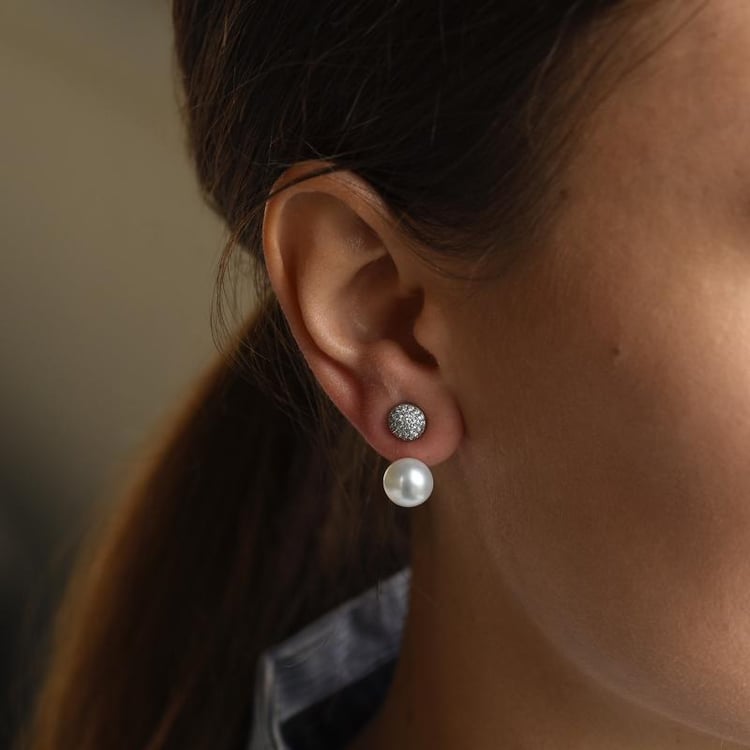 Stříbrné perlové náušnice se zirkony 2v1 50444