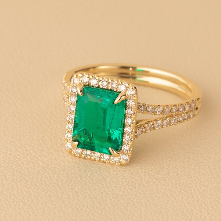 Zlatý halo prsten s emerald lab-grown smaragdem a diamanty Ralph 136562