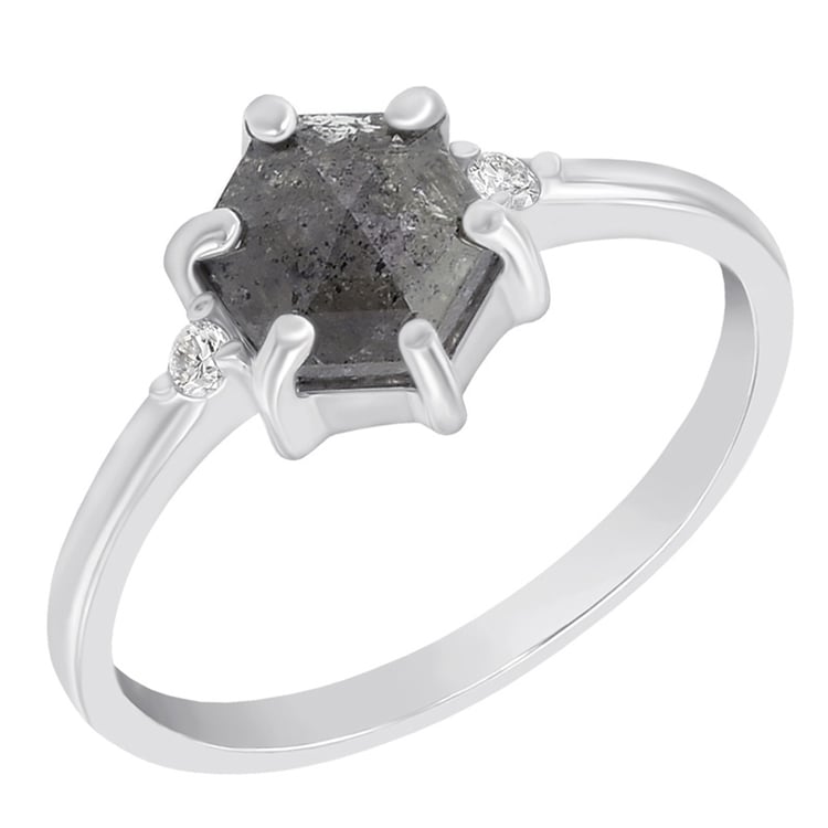 Zlatý prsten se salt´n´pepper hexagon diamantem a postranními diamanty Felice
