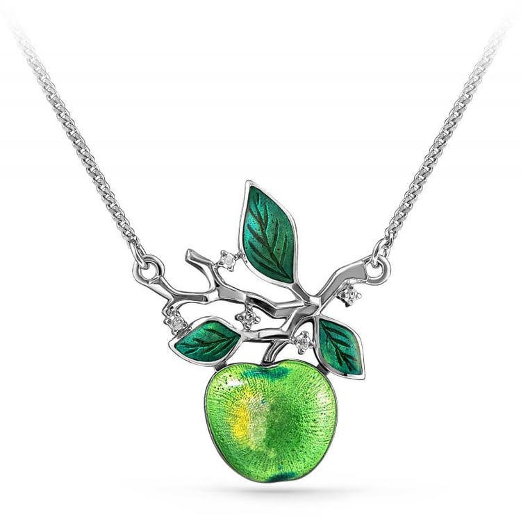 Diamantový stříbrný náhrdelník s jablkem a enamelem