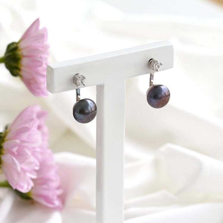 Náušnice 2v1 s černými perlami a zirkony 96807