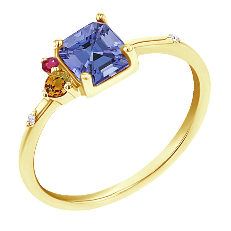 Cluster prsten s asscher tanzanitem, padparadscha safírem, rubínem a diamantem Kenny 123184