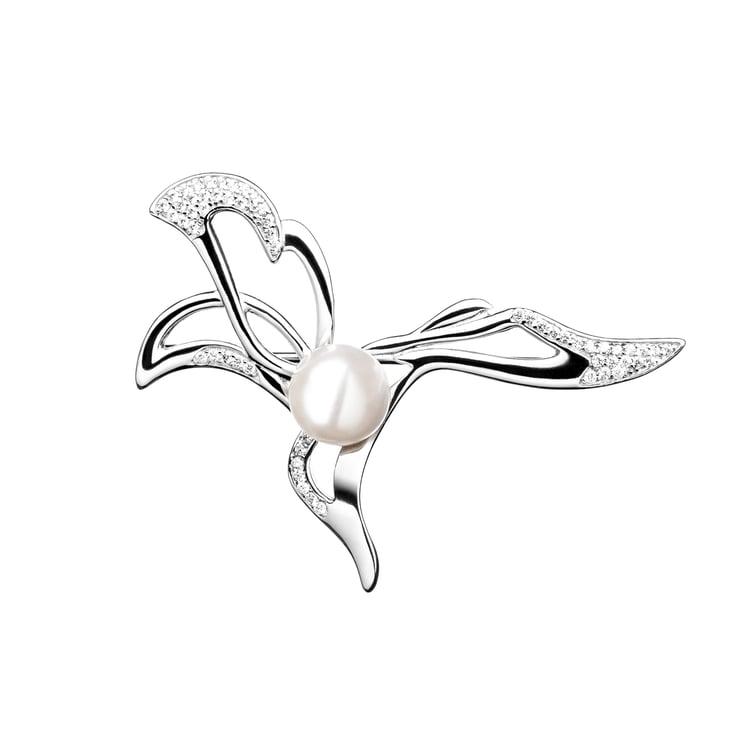 Stříbrná brož s bílou perlou a zirkony Carcy