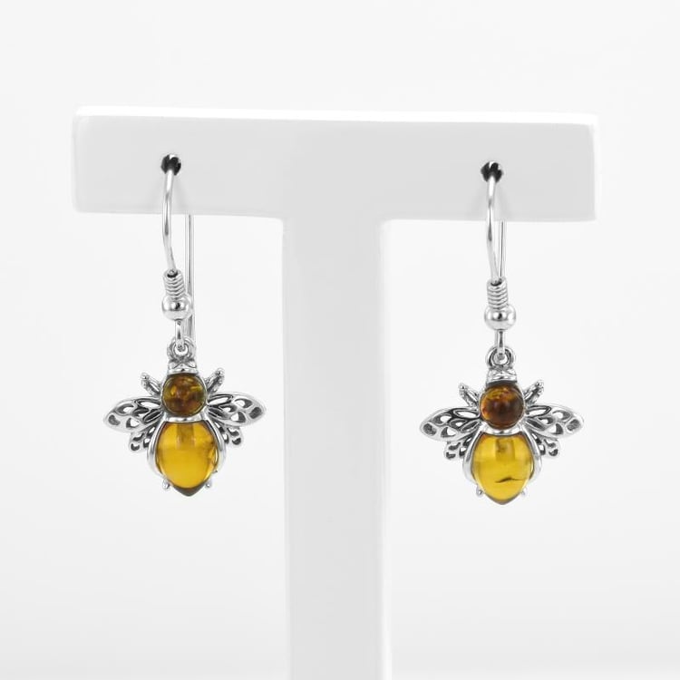 Visací stříbrné náušnice s jantarovými včelami Pomeline 52031