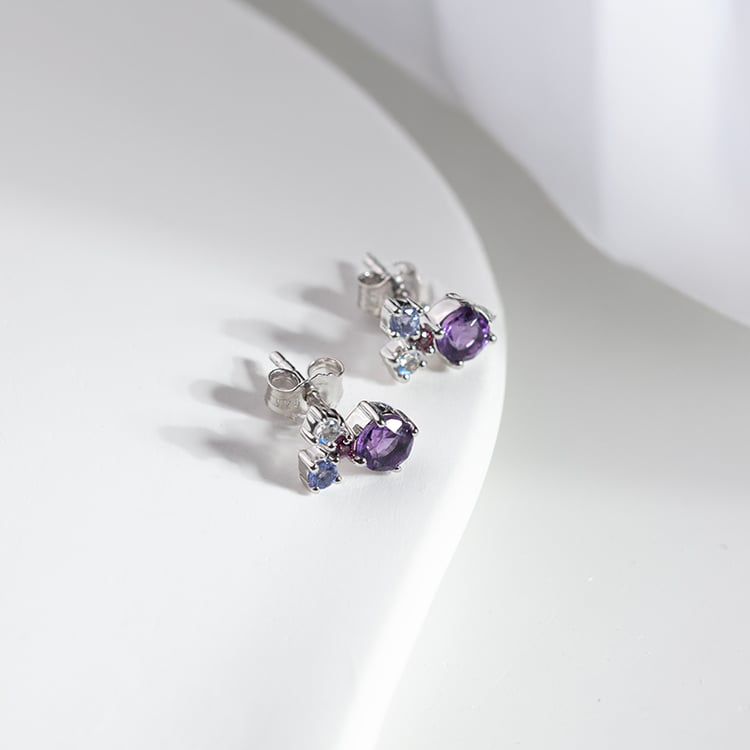 Stříbrné cluster náušnice s ametysty a drahokamy Kerrie 150970