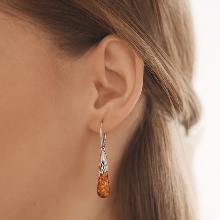 Stříbrné jantarové náušnice ve tvaru slziček Rose 152841