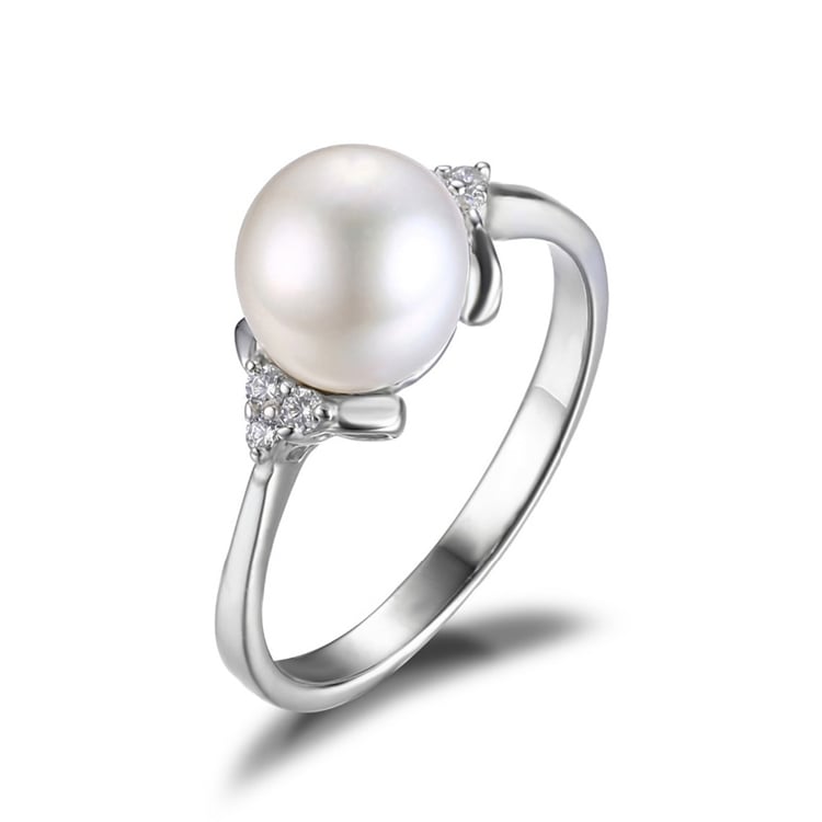 Stříbrný prsten s bílou perlou a zirkony Kaveh