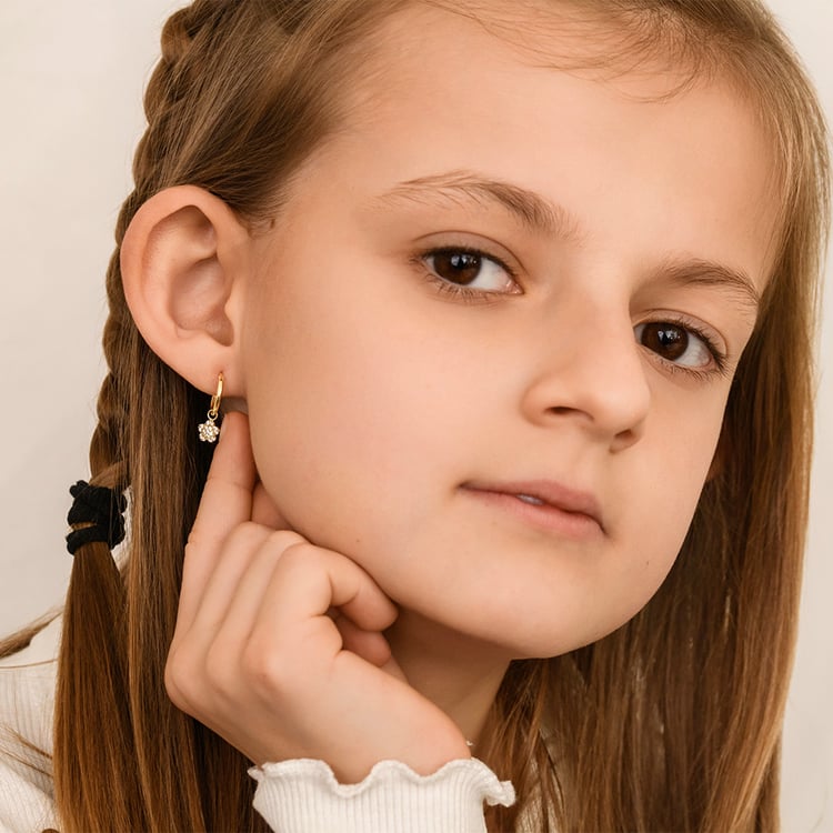 Zlaté dětské náušnice ve tvaru květiny Dahlia 164366
