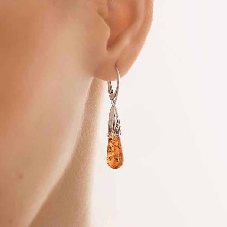 Stříbrné jantarové náušnice ve tvaru slziček Rose 152842