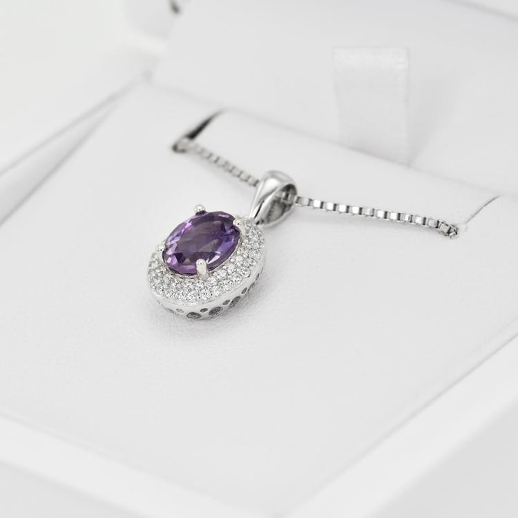 Stříbrný náhrdelník s oválným ametystem 20759