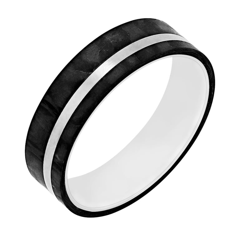 Plochý snubní prsten z karbonu a stříbra Shagei