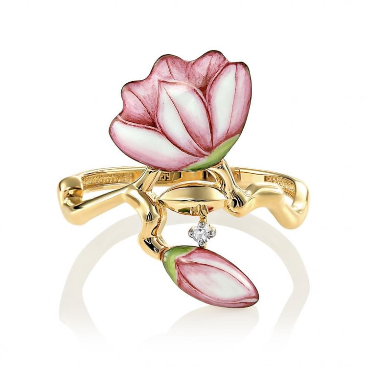 Zlatý květinový prsten s enamelem a diamantem 42577