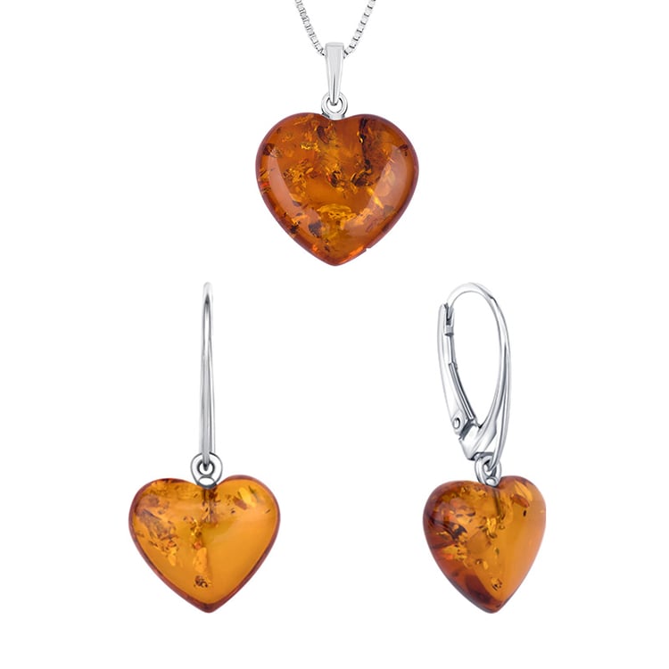 Stříbrná kolekce s jantary ve tvaru srdce Artu