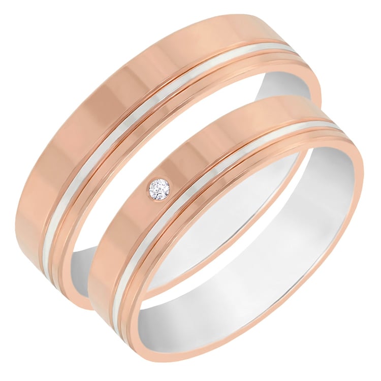 Dvoubarevné snubní prsteny s pruhem a diamantem 60581