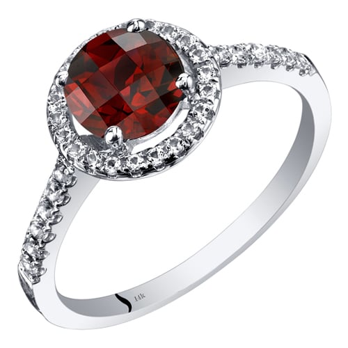 Zlatý halo prsten s granátem a bílými topazy