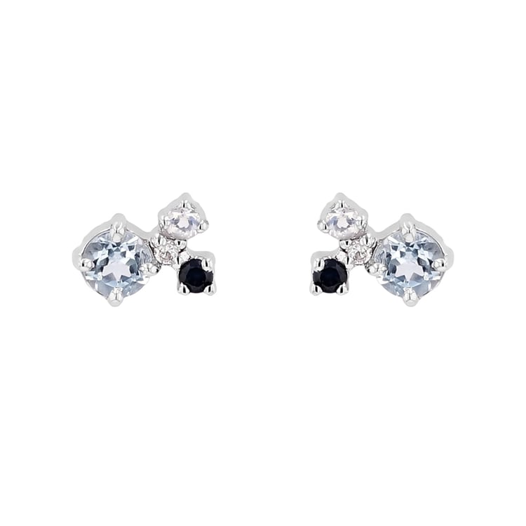 Stříbrné cluster náušnice s akvamarínem, safírem, měsíčním kamenem a diamantem Kerrie