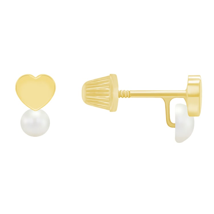 Zlaté dětské náušnice na šroubek s perlami a srdíčky 38791