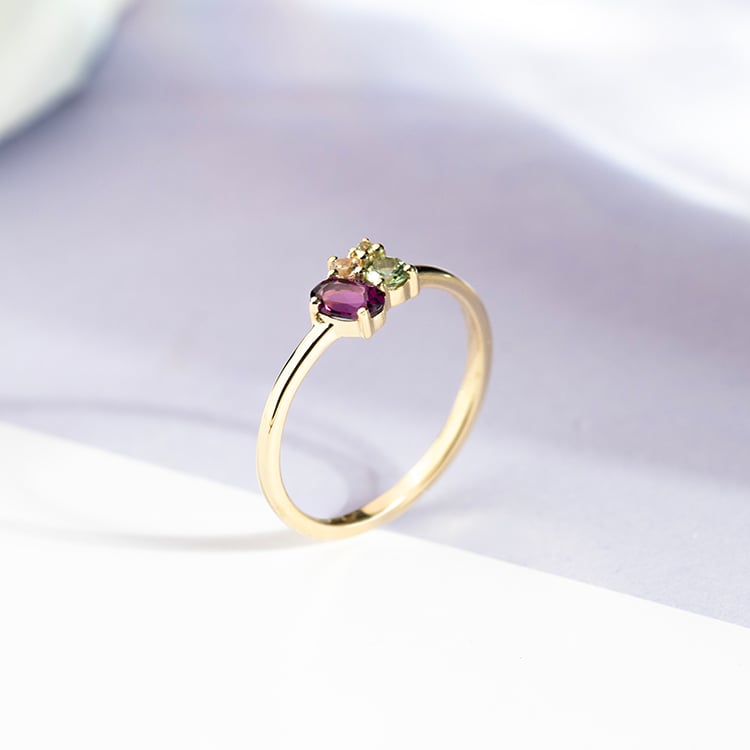 Cluster prsten s rhodolit granátem, safírem, morganitem a olivínem Bluma 151760