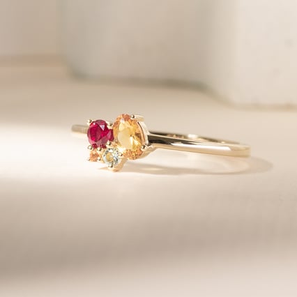 Cluster prsten s citríny, rubínem a akvamarínem Bluma
