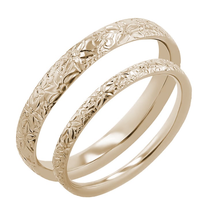 Snubní prsteny s ruční rytinou květin z oříškového zlata Willis