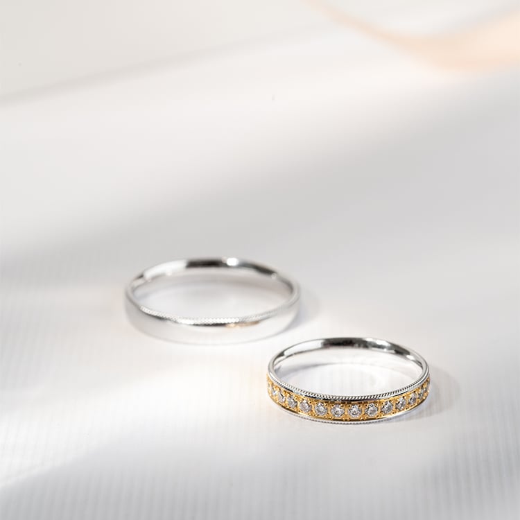 Zlaté snubní prsteny se zdobenými okraji a diamanty Tasha 121753