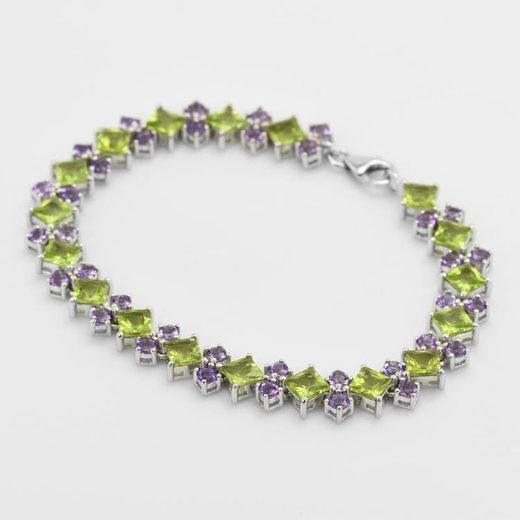 Stříbrný náramek s olivíny a ametysty 49967