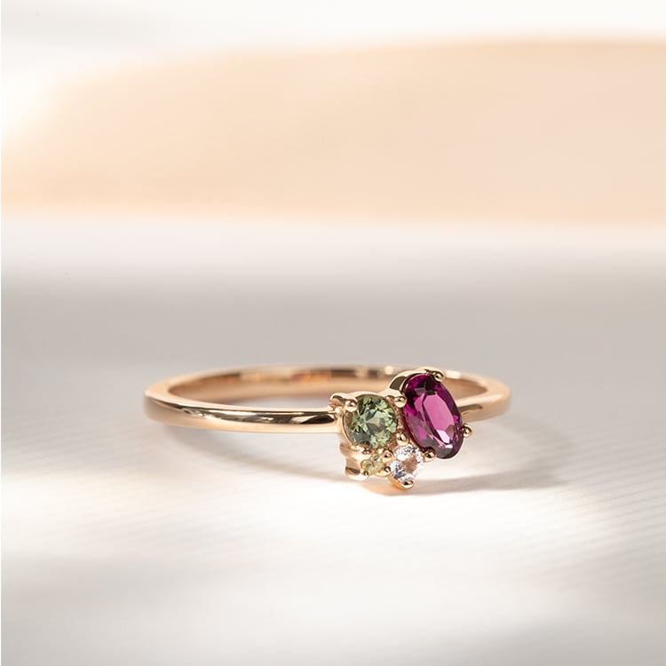 Cluster prsten s rhodolit granátem, safírem, morganitem a olivínem Bluma 121633