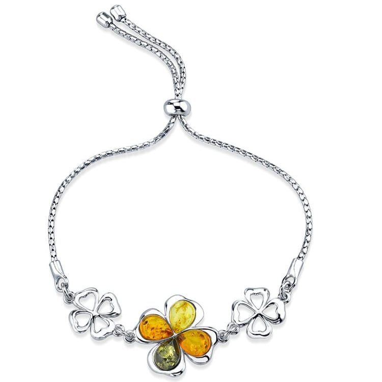 Stříbrný jantarový náramek se čtyřlístky Lucky