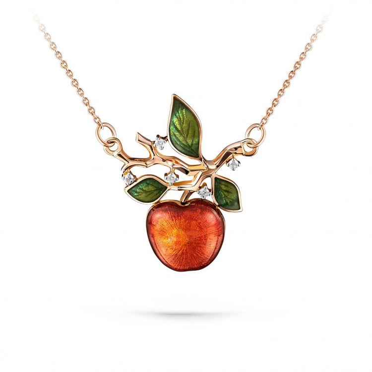 Diamantový zlatý náhrdelník s jablkem a enamelem