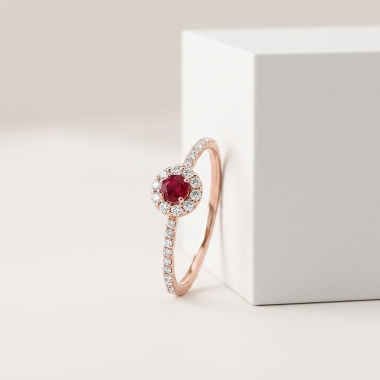 Stříbrný halo prsten s rubínem a lab-grown diamanty Wendy 171117