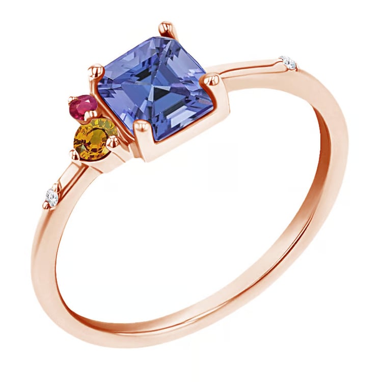 Cluster rozvodový prsten s asscher tanzanitem, padparadscha safírem, rubínem a diamantem Dennis 165516